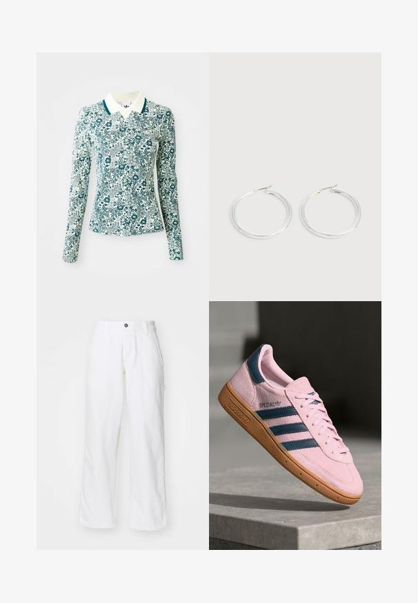 Een langmouwig, getailleerd shirt met een teal en wit bloemmotief en een witte kraag met teal afwerking op een effen achtergrond.; Witte katoenen broek met een recht model, voorzien van een knoopsluiting, zijzakken en een ontspannen fit. Gladde textuur.; Lichtroze suède sneaker met marineblauwe drie strepen, rubberen zool en lichtroze veters. Heeft het "SPEZIAL"-logo aan de zijkant.; Een paar glanzende zilveren oorringen met dunne draadafsluitingen, getoond op een lichtgrijze achtergrond.