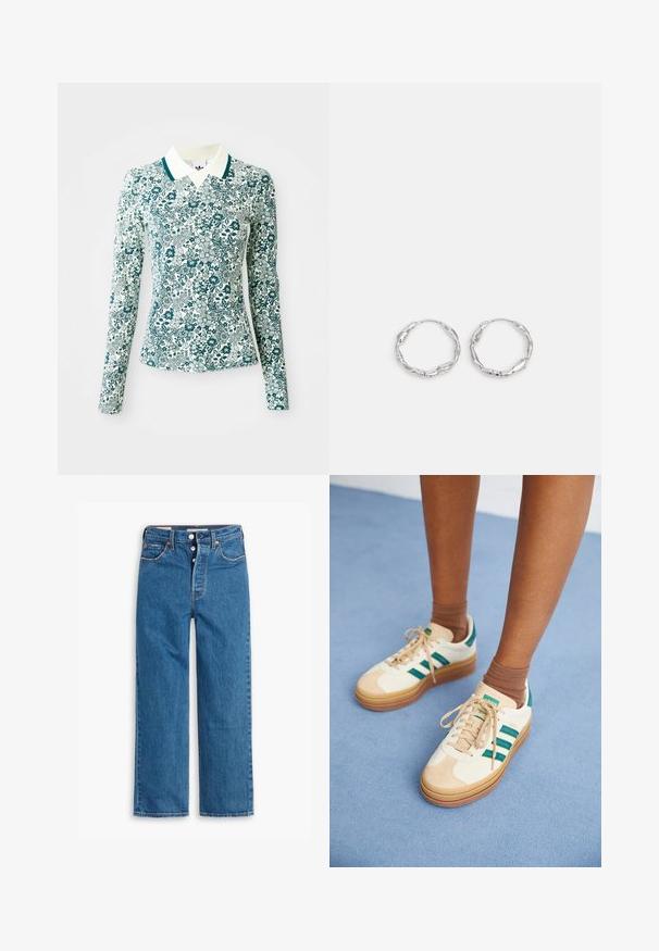 Chemise ajustée à manches longues avec un motif floral turquoise et blanc, et un col blanc avec un liseré turquoise sur un fond uni.; Jeans en denim bleu à jambe droite avec une taille haute, design à cinq poches et zip à bouton. Couture visible et rivets en ton cuivre.; Baskets beiges avec des rayures vert foncé, semelle en caoutchouc, tige en daim et textile, et accessoires neutres, associées à des chaussettes brunes sur une surface bleu clair.; Boucles d'oreilles en argent en forme de créole, avec une texture ondulante et irrégulière. Présente une forme circulaire mince et une finition réfléchissante.