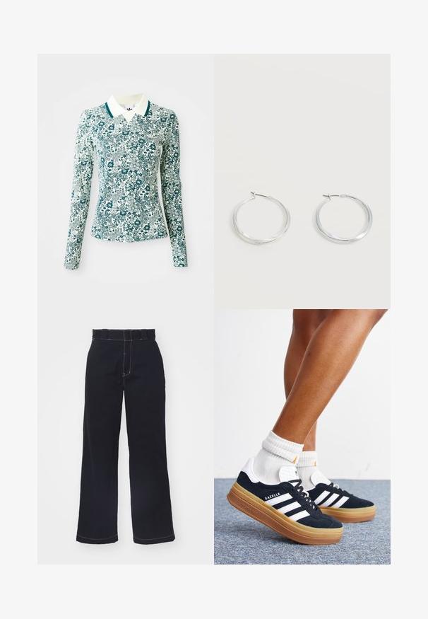 Chemise ajustée à manches longues avec un motif floral turquoise et blanc, et un col blanc avec un liseré turquoise sur un fond uni.; Pantalons larges bleu foncé en coton avec taille haute, présentant des coutures blanches contrastantes et un design épuré et simple.; Jambes portant des chaussettes blanches et des baskets Adidas Gazelle noires avec des bandes blanches et des semelles épaisses marron sur un sol recouvert de moquette grise.; Boucles d’oreilles créoles en métal argenté avec une surface lisse légèrement incurvée et des fermoirs à clapet sur un fond blanc uni.