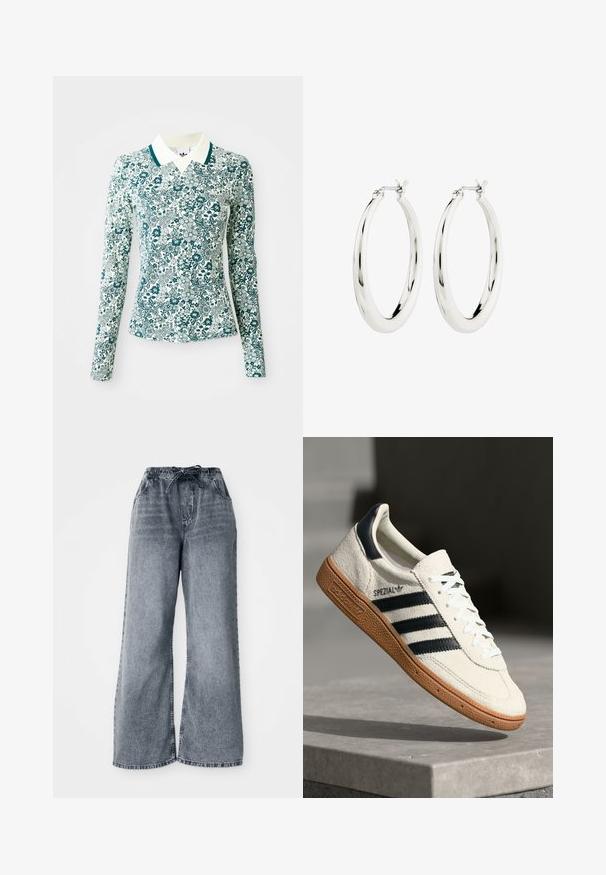 Een langmouwig, getailleerd shirt met een teal en wit bloemmotief en een witte kraag met teal afwerking op een effen achtergrond.; Grijze wijde denim broek met een elastische tailleband, trekkoordsluiting en zijzakken. Vervaagde textuur over de stof.; Witte suède sneakers met marineblauwe strepen, rubberen gumzool, gestructureerde bovenkant, ronde neus en veters; heeft branding aan de zijkant en op de tong.; Zilveren oorbellen in de vorm van een gladde, glanzende ring. Circulaire vorm, voorzien van een veilige sluiting. Eenvoudig en elegant ontwerp.