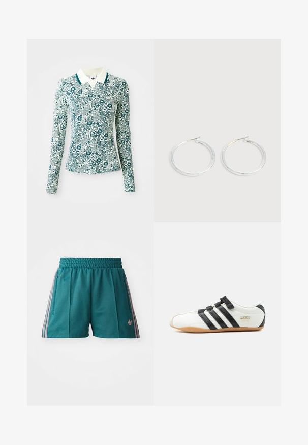 Een langmouwig, getailleerd shirt met een teal en wit bloemmotief en een witte kraag met teal afwerking op een effen achtergrond.; Teal sportieve shorts met een elastische tailleband, met roze en witte gestreepte zijaccenten en ritszakken aan de zijkant. Logo op de zoom.; Witte Adidas Tokyo sneaker met zwarte strepen, zwarte klittenbandsluitingen en een gumzool, zijaanzicht op een witte achtergrond.; Een paar glanzende zilveren oorringen met dunne draadafsluitingen, getoond op een lichtgrijze achtergrond.