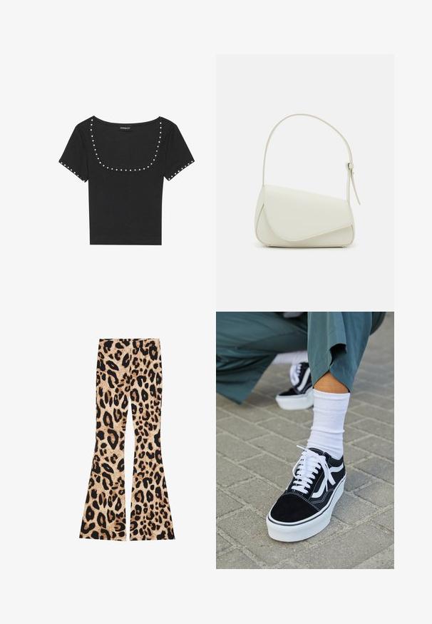 Top negro de manga corta acanalado con un amplio escote redondeado, acentuado con tachuelas plateadas a lo largo del escote y las mangas.; Pantalones acampanados de estampado de leopardo que presentan una textura acanalada, en colores beige y negro, con patrones de manchas variables a lo largo de la tela.; Zapatillas de ante negro con acentos y cordones blancos, que cuentan con una gruesa suela blanca y costuras en contraste, combinadas con un calcetín blanco.; Bolso de mano de imitación cuero blanco con una forma triangular estructurada, correa ajustable única y cierre con solapa acentuada en curva.