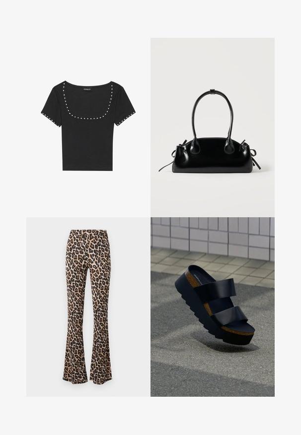 Top negro de manga corta acanalado con un amplio escote redondeado, acentuado con tachuelas plateadas a lo largo del escote y las mangas.; Pantalones acampanados de estampado de leopardo en tono marrón y negro, hechos de una tela suave con una textura lisa, con una cintura ajustada y un dobladillo acampanado.; Sandalia de plataforma negra con suela gruesa de corcho y dos tiras anchas, colocada sobre pavimento texturizado junto a una pared con azulejos.; Pequeño bolso negro brillante con dos asas largas y detalles de cordón lateral sobre un fondo claro liso.