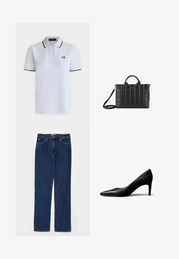 Weißes Kurzarm-Poloshirt mit schwarz eingefasstem Kragen und Ärmeln, zwei Knöpfen und schwarzem, gesticktem Lorbeer-Logo auf der Brust.; Dunkelblaue Denim-Jeans im Gerade-Schnitt, fünf Taschen-Stil, mit einem stabilen Bund und sichtbaren Nähdetails.; Schwarzer Damenpumps aus Leder mit spitz zulaufender Schuhspitze und mittelhohem Absatz, von der Seite auf einem weißen Hintergrund gezeigt.; Schwarze Lederhandtasche mit gestepptem Design, zwei oberen Griffen und einem abnehmbaren Schultergurt. Mit Logodetail auf der Vorderseite.