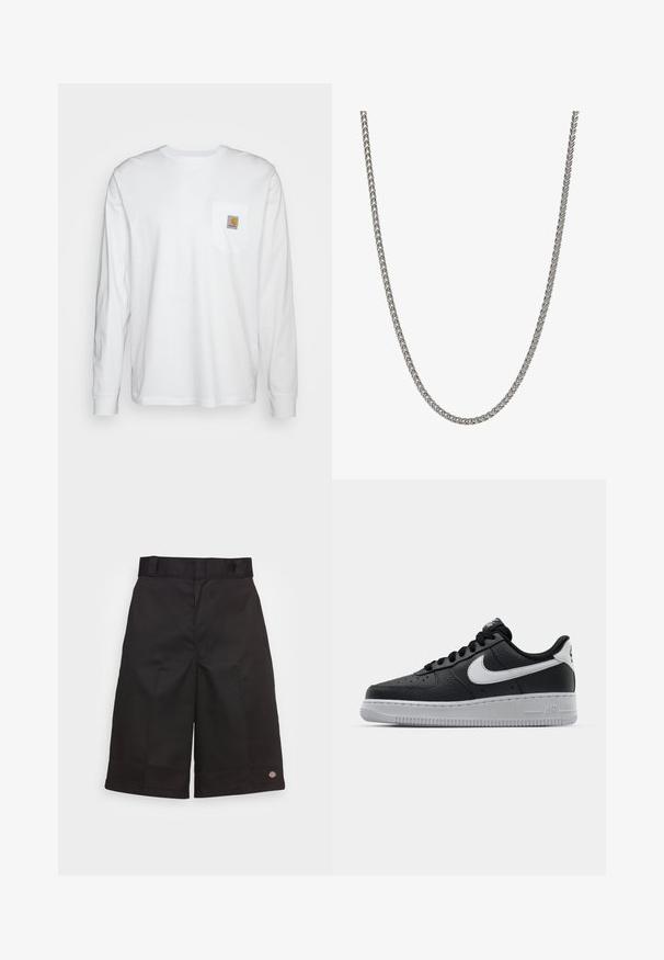 Camisa blanca de manga larga hecha de algodón, con un bolsillo en el pecho que lleva un parche de logo cuadrado. Diseño sencillo con escote redondeado y mangas con puños.; Bermudas de algodón negras de corte recto, hasta la rodilla, con un logotipo visible en el dobladillo y una textura suave.; Zapatilla negra de cuero con superficie texturizada, logo de Nike en blanco, suela gris, puntera redonda y diseño de encaje. Presenta perforaciones en la puntera.; Collar de cadena de metal con un diseño trenzado, color plata, textura suave y eslabones uniformes, adecuado para varios estilos y ocasiones.