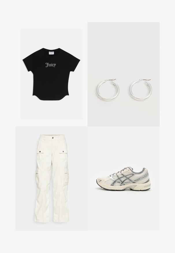 Μαύρη κοντομάνικη μπλούζα με στρογγυλή ραφή και ραγλανές μανίκες. Διαθέτει διακοσμημένο κείμενο "Juicy" με στρασά μπροστά.; Cargo παντελόνι σε ανοιχτό μπεζ βαμβάκι, με δύο μεγάλες πλαϊνές τσέπες, κλείσιμο με κουμπί και άνετη γραμμή με ίσια σχεδίαση ποδιού.; Αθλητικά παπούτσια με αναπνεύσιμη λευκή διχτυωτή επάνω μεριά, ασημένιες λεπτομέρειες, γκρι κορδόνια και ανθεκτική μαύρη καουτσούκ σόλα. Ελαφρύς, ενισχυμένος σχεδιασμός.; Ζευγάρι μεσαίου μεγέθους γυαλιστερά ασημένια σκουλαρίκια κρίκοι με λεπτά μεταλλικά κλείστρα σε ανοιχτό ουδέτερο φόντο.
