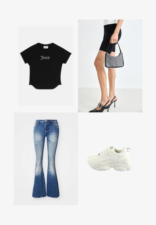 T-shirt noir à manches courtes avec un ourlet arrondi et des manches raglan. Présente le texte "Juicy" rehaussé de strass à l'avant.; Jean flare bleu en denim avec un lavage délavé. Les caractéristiques comprennent une taille cintrée, une conception à cinq poches et un léger effet vieilli au niveau des ourlets.; Baskets blanches avec un design chunky, une tige en synthétique lisse, un col rembourré et une semelle en caoutchouc texturé avec un motif en losange.; Sac à main à perles noires avec une silhouette courbée, une poignée de transport et une texture brillante. Porté avec des chaussures à talons hauts noires et un short noir ajusté.