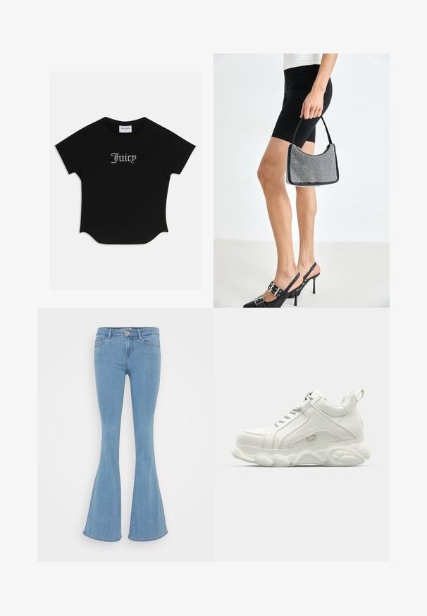 Sort kortærmet T-shirt med rund bund og raglanærmer. Har pyntet "Juicy" tekst i rhinsten på forsiden.; Lyseblå flagrende jeans lavet af denim, med en standard talje, fem lommer og en glat tekstur uden synlige mønstre.; Hvide atletiske sneakers med en glat læderoverdel, rund sål og tekstureret accent. Har snørebånd og en slippe-strop bagpå.; Sort perlehandtaske med en buet silhuet, bærehåndtag og blank overflade. Båret med højhælede sorte sko og tætsiddende sorte shorts.