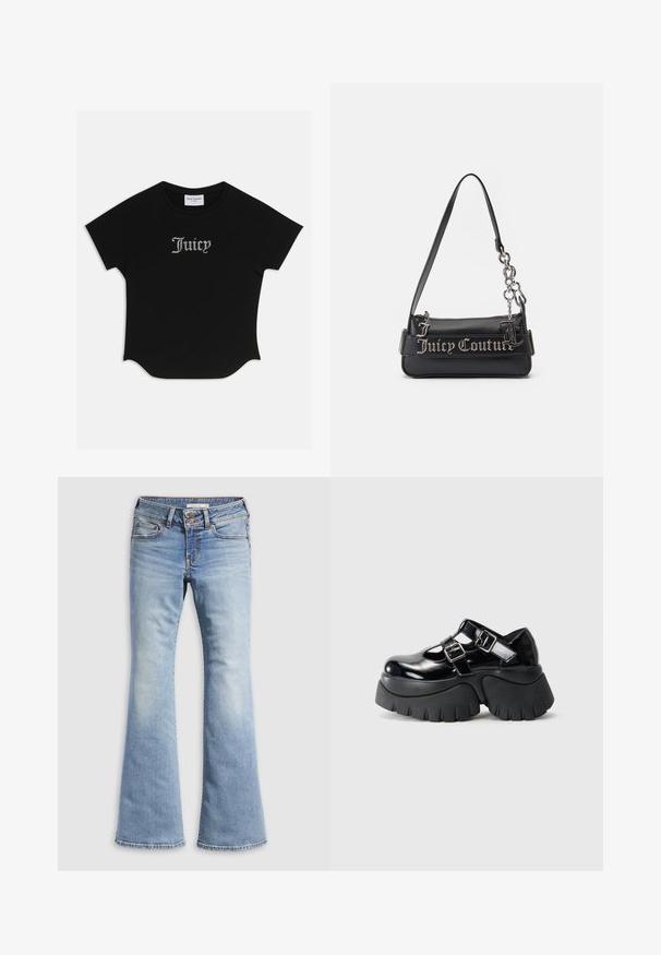 Schwarzes T-Shirt mit kurzen Ärmeln, abgerundetem Saum und Raglanärmeln. Auf der Vorderseite mit verzierten "Juicy"-Text in Strass-Steinen.; Hellblaue Schlagjeans aus Denim. Verfügt über einen Knopfverschluss, fünf Taschen und eine ausgewaschene Textur mit nahtlosen Säumen.; Schwarze Lackleder-Plateauschuhe mit zwei verstellbaren Schnallen, dickem Gummisohle und Ausschnittdesign auf der Oberseite.; Schwarze Handtasche aus strukturiertem synthetischem Material. Verfügt über einen Kettenriemen und das silberne "Juicy Couture"-Logo, das prominently auf der Vorderseite angebracht ist.
