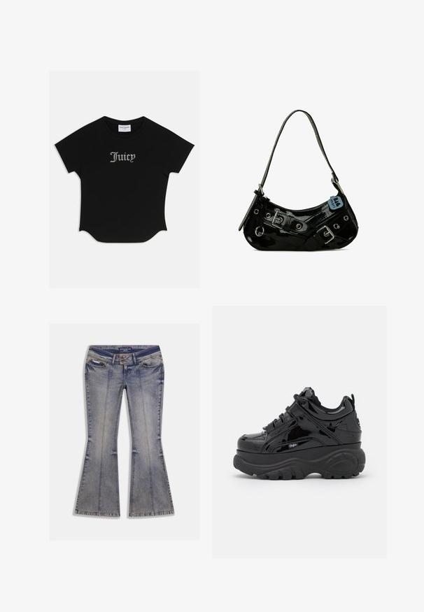 Camiseta negra de manga corta con dobladillo redondeado y mangas raglán. Presenta un texto "Juicy" adornado con piedras de strass en el frente.; Vaqueros acampanados en azul claro con parches desgastados, bolsillos delanteros y costuras contrastantes. Presentan una bragueta con cremallera y cintura con marca.; Zapatillas negras de plataforma con un acabado brillante de charol, que cuentan con suelas de goma gruesas, diseño de cordones y un detalle de logotipo en el lateral.; Bolso de mano de charol negro con forma curva, que presenta herrajes plateados, hebillas decorativas y una correa corta. Etiqueta azul adjunta.