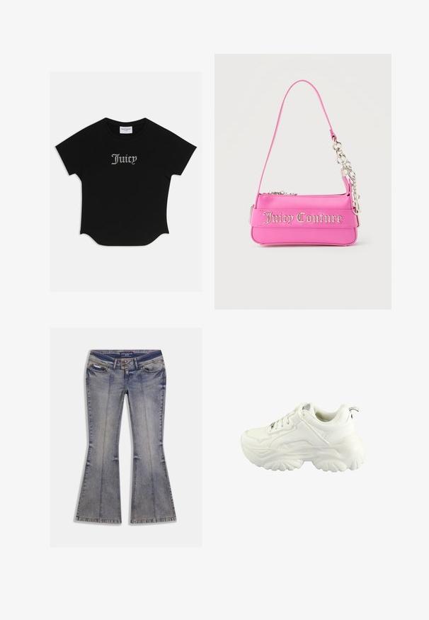 T-shirt noir à manches courtes avec un ourlet arrondi et des manches raglan. Présente le texte "Juicy" rehaussé de strass à l'avant.; Jean en denim évasé bleu clair avec des zones délavées, des poches avant et des coutures contrastantes. Dispose d'une fermeture éclair sur le devant et d'une ceinture à la marque distincte.; Baskets blanches avec un design chunky, une tige en synthétique lisse, un col rembourré et une semelle en caoutchouc texturé avec un motif en losange.; Petit sac à main Juicy Couture rose vif avec détail en chaîne argentée et lettrage du logo sur le devant, une seule bandoulière étroite.