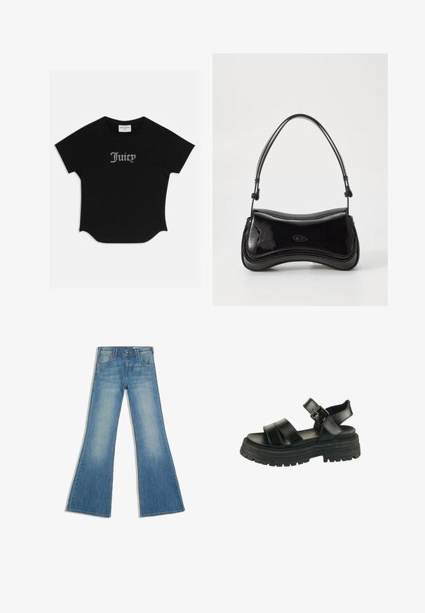 Sort kortærmet T-shirt med rund bund og raglanærmer. Har pyntet "Juicy" tekst i rhinsten på forsiden.; Blå denimjeans med flared ben, forlommer og knaplukning, vist mod en hvid baggrund.; Sort sandal med chunky sål, to brede stropper foran, ankelstrop og sølvspænde på hvid baggrund.; Sort patentlæder håndtaske med en buet form, et enkelt håndtag og en rund bund. Har en subtil logo-detalje på forsiden.