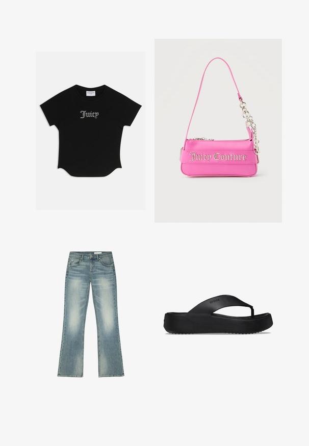 Zwarte T-shirt met korte mouwen en een ronde onderkant, voorzien van raglanmouwen. Kenmerkt zich door versierde "Juicy"-tekst in strass-steentjes op de voorkant.; Blauwe vergeelde jeans met rechte pijpen, knoop en rits aan de voorkant, riemlussen en vijf zakken, plat gelegd op een witte achtergrond.; Zwarte flip-flop sandaal met een verhoogde zool, gemaakt van rubbermateriaal. Kenmerkt zich door een teenband en een gestructureerde voetbed voor grip.; Kleine felroze Juicy Couture-handtas met zilveren kettingdetail en logotekst aan de voorkant, enkele smalle schouderband.