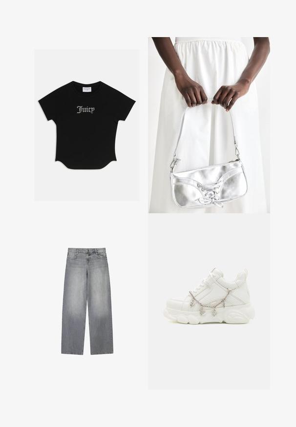T-shirt noir à manches courtes avec un ourlet arrondi et des manches raglan. Présente le texte "Juicy" rehaussé de strass à l'avant.; Jean en denim gris à jambes larges avec une finition légèrement décolorée, doté de cinq poches, d'une fermeture à bouton à l'avant et de passants de ceinture.; Baskets blanches avec une semelle épaisse, tige en cuir texturé et chaîne en métal décorative avec des breloques. Dispose d'un système de laçage et d'un col rembourré.; Sac à main en métal argenté avec un détail à lacets, arborant un design épuré et une courte sangle. Le sac est tenu dans les mains, mettant en valeur sa texture.