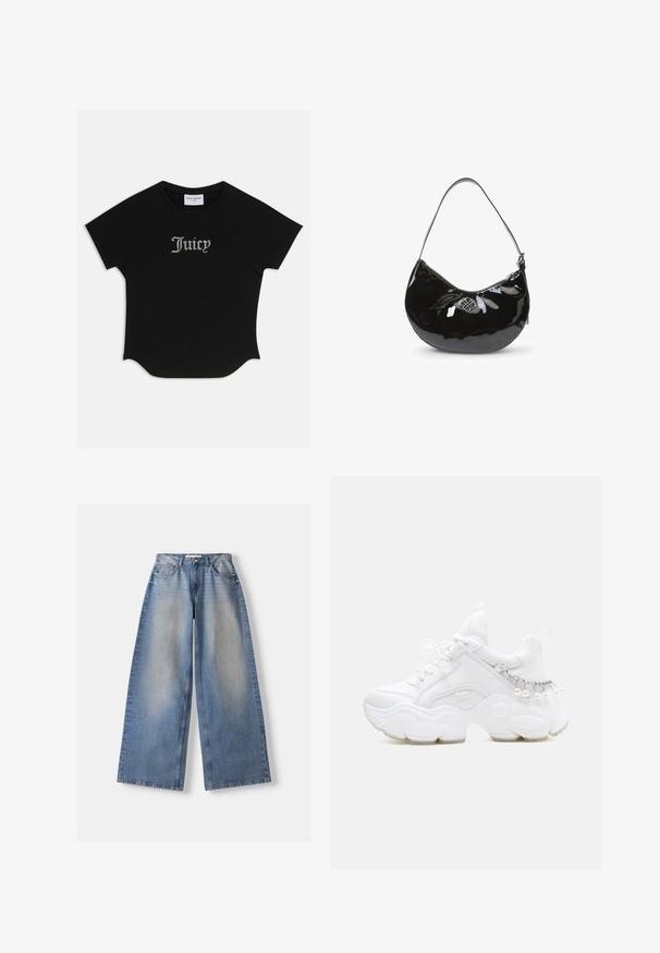 Sort kortærmet T-shirt med rund bund og raglanærmer. Har pyntet "Juicy" tekst i rhinsten på forsiden.; Bredde ben blå denim jeans med høj talje og falmede detaljer, lagt fladt på hvid baggrund.; Hvid chunky sneaker med tyk sål, snørelukning foran og kædedetalje med hængende perler på hælen.; Sort patentlæder håndtaske med en buet form, enkelt skulderrem, lynlåslukning og et dekorativt metal logo. Glat tekstur.