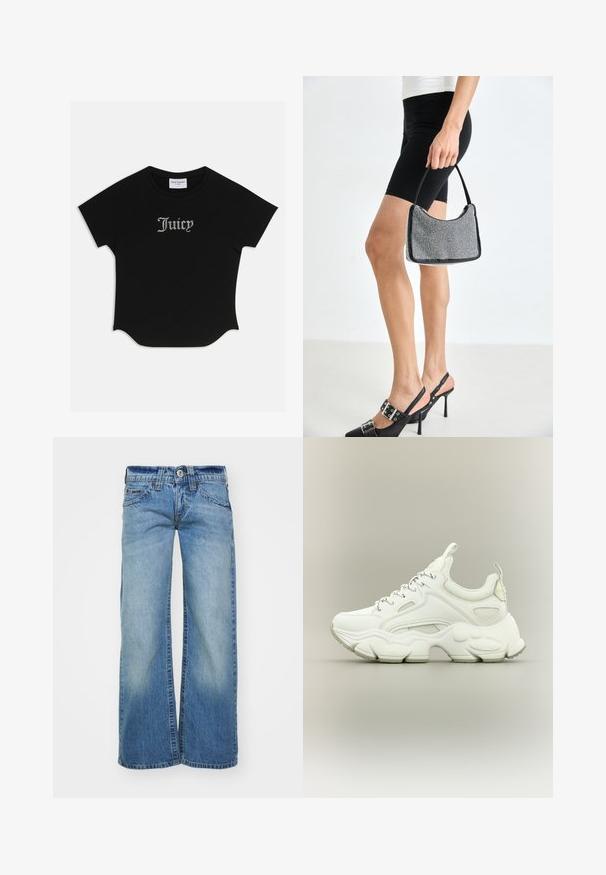 Camiseta negra de manga corta con dobladillo redondeado y mangas raglán. Presenta un texto "Juicy" adornado con piedras de strass en el frente.; Jeans de pierna ancha color azul claro en tela de mezclilla, con un lavado desgastado, cinco bolsillos y un cierre de botón con pasadores para cinturón.; Zapatilla blanca gruesa con suela texturizada gruesa, parte superior de malla y cuero, cierre de cordones y lengüetas en la lengüeta y el talón.; Bolso de cuentas negras con una silueta curva, asa de transporte y textura brillante. Llevado con zapatos de tacón altos negros y pantalones cortos negros ajustados.