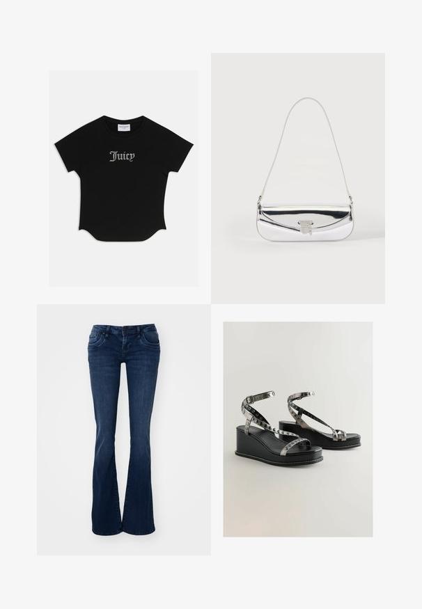 Sort kortærmet T-shirt med rund bund og raglanærmer. Har pyntet "Juicy" tekst i rhinsten på forsiden.; Mørkeblå flare jeans lavet af denim, med forlommer, en knaplukning og en glat tekstur.; Sorte kile-sandaler med metalliske stropper og cirkulære udskæringer. Glat læderoverflade med hvide syninger.; Lille sølv skuldertaske med en tynd rem og en frontklap sikret med en metal spænde.