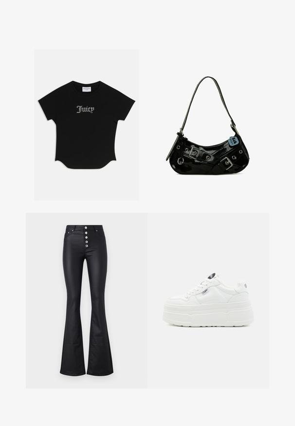 T-shirt noir à manches courtes avec un ourlet arrondi et des manches raglan. Présente le texte "Juicy" rehaussé de strass à l'avant.; Pantalons noirs évasés en matériau lisse et extensible avec une taille haute et cinq boutons métalliques à l'avant. Comprend deux poches latérales.; Baskets plateforme blanches avec un extérieur synthétique lisse, un bout arrondi, un col rembourré et une semelle texturée. Présente une étiquette logo contrastante.; Sac à main en cuir verni noir avec une forme incurvée, présentant des ferrures en argent, des boucles décoratives et une bandoulière courte. Étiquette bleue attachée.