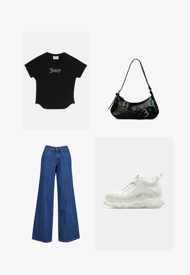 Zwarte T-shirt met korte mouwen en een ronde onderkant, voorzien van raglanmouwen. Kenmerkt zich door versierde "Juicy"-tekst in strass-steentjes op de voorkant.; Brede denim jeans in medium blue, met een hoge taille, contrasterende stiksels en een klassiek vijf-pocket ontwerp.; Witte sportieve sneakers met een gladleren bovenkant, ronde zool en textuuraccent. Beschikt over veters en een trekring aan de achterkant.; Zwarte synthetische handtas met een gebogen vorm, verstelbare schouderriem en decoratieve metalen gespen. Heeft een gladde, glanzende textuur.