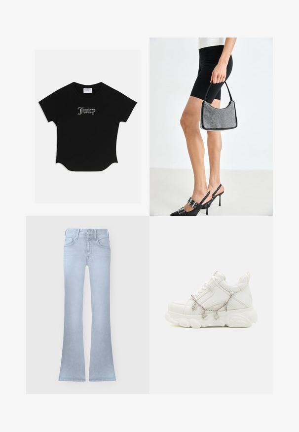 T-shirt noir à manches courtes avec un ourlet arrondi et des manches raglan. Présente le texte "Juicy" rehaussé de strass à l'avant.; Jean en denim bleu clair avec une taille haute, fermeture par bouton et zip, poches avant et jambes légèrement évasées.; Baskets blanches avec une semelle épaisse, tige en cuir texturé et chaîne en métal décorative avec des breloques. Dispose d'un système de laçage et d'un col rembourré.; Sac à main à perles noires avec une silhouette courbée, une poignée de transport et une texture brillante. Porté avec des chaussures à talons hauts noires et un short noir ajusté.