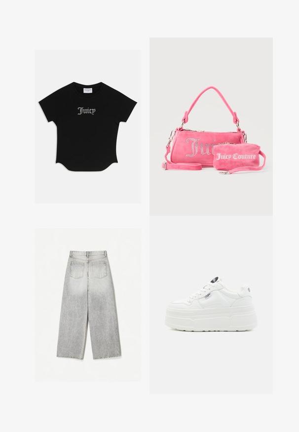 Sort kortærmet T-shirt med rund bund og raglanærmer. Har pyntet "Juicy" tekst i rhinsten på forsiden.; Løse grå denim jeans med et falmet udseende, med to baglommer og rå kanter.; Hvide platform sneakers med en glat syntetisk overflade, rund tå, polstret krave og tekstureret sål. Har et kontrasterende logo-tag.; To lyserøde Juicy Couture-tasker, den ene større med krystalfarvet skrift og et håndtag, den anden mindre med hvid skrift og en håndledsrem, på en grå baggrund.