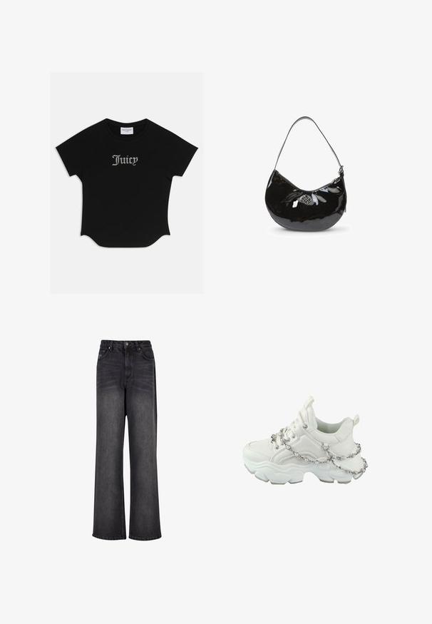 Sort kortærmet T-shirt med rund bund og raglanærmer. Har pyntet "Juicy" tekst i rhinsten på forsiden.; Bredde ben sorte denim jeans med en glat tekstur, der har høj talje, forlommer og knaplukning.; Chunky hvid sneaker med en glat læderoverdel, snørebånd, gummisål og en dekorativ kæde med perler omkring anklen.; Sort patentlæder håndtaske med en buet form, enkelt skulderrem, lynlåslukning og et dekorativt metal logo. Glat tekstur.