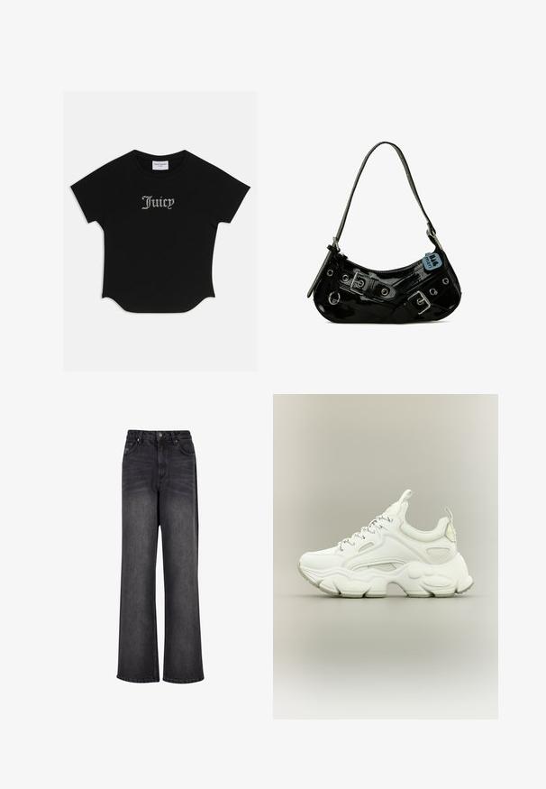 Sort kortærmet T-shirt med rund bund og raglanærmer. Har pyntet "Juicy" tekst i rhinsten på forsiden.; Bredde ben sorte denim jeans med en glat tekstur, der har høj talje, forlommer og knaplukning.; Hvid chunky sneaker med tyk struktureret sål, mesh- og læderoverdel, snørelukning og trækstropper på tunge og hæl.; Sort lakeret skuldertaske med en buet form, udsmykket med sølvhardware, dekorative spænder og en kort rem. Blå mærkat vedhæftet.