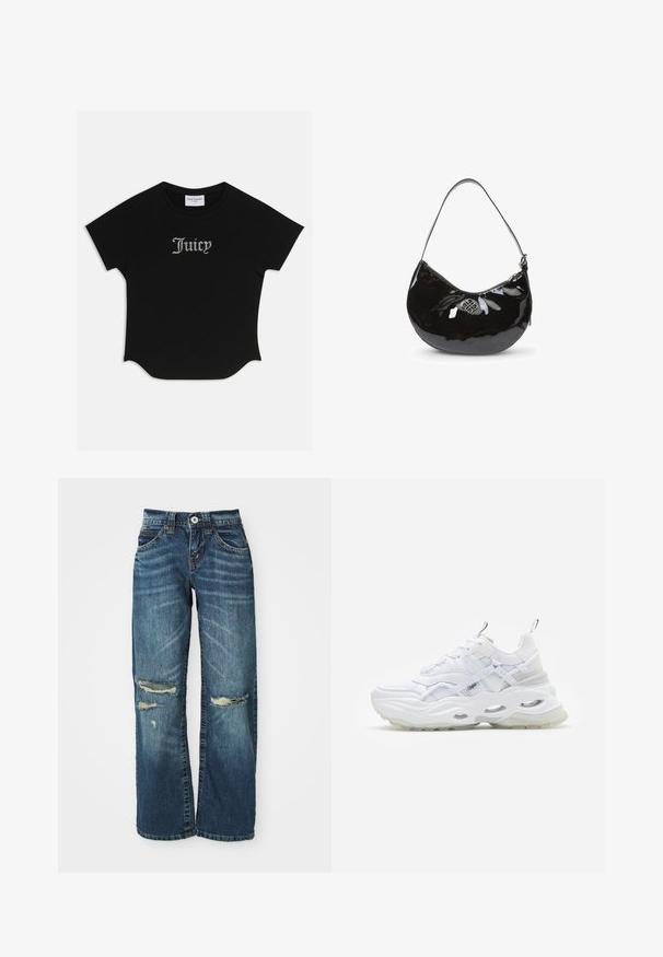 Camiseta negra de manga corta con dobladillo redondeado y mangas raglán. Presenta un texto "Juicy" adornado con piedras de strass en el frente.; Vaqueros de mezclilla azul con corte de pierna ancha, que presentan áreas desgastadas, desgastes deshilachados sobre las rodillas y cierre estándar de botón y cremallera.; Zapatilla blanca con suela gruesa, parte superior de malla y sintético en capas, con acentos estampados, sistema de cordones y tira de agarre.; Bolso de mano de charol negro con forma curva, correa para el hombro única, cierre de cremallera y un logotipo metálico decorativo. Textura suave.