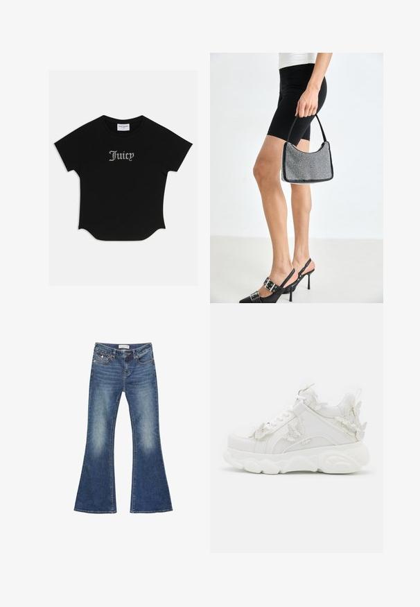 T-shirt noir à manches courtes avec un ourlet arrondi et des manches raglan. Présente le texte "Juicy" rehaussé de strass à l'avant.; Jeans en denim évasés de couleur bleu moyen avec des détails décolorés. Ils présentent un design classique à cinq poches et des coutures contrastées avec une fermeture à bouton.; Baskets blanches épaisses avec une semelle épaisse et des accents décoratifs de papillons en 3D sur le côté, les lacets et le talon.; Sac à main à perles noires avec une silhouette courbée, une poignée de transport et une texture brillante. Porté avec des chaussures à talons hauts noires et un short noir ajusté.