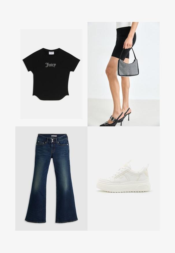 T-shirt noir à manches courtes avec un ourlet arrondi et des manches raglan. Présente le texte "Juicy" rehaussé de strass à l'avant.; Jean flare super bas en denim bleu foncé avec poches avant et arrière, fermeture à double bouton et détails décolorés sur les cuisses et les genoux.; Baskets en cuir blanc avec une semelle épaisse, design à lacets et branding subtil. Présentent une texture lisse et un bout arrondi.; Sac à main à perles noires avec une silhouette courbée, une poignée de transport et une texture brillante. Porté avec des chaussures à talons hauts noires et un short noir ajusté.