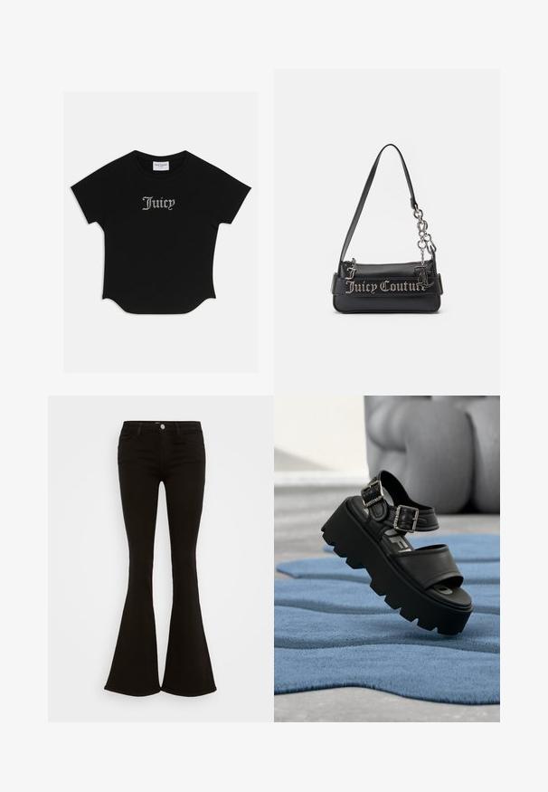 Sort kortærmet T-shirt med rund bund og raglanærmer. Har pyntet "Juicy" tekst i rhinsten på forsiden.; Sorte højtaljede flare jeans med frontknap, bæltestropper og fem lommer, præsenteret på en hvid baggrund.; Sort chunky platformsandal med to sølvspænder på blåt tekstureret tæppe, sløret grå skulptur i baggrunden.; Sort håndtaske lavet af tekstureret syntetisk materiale. Har en kædestrop og sølv "Juicy Couture" logoet fremtrædende vist på forsiden.
