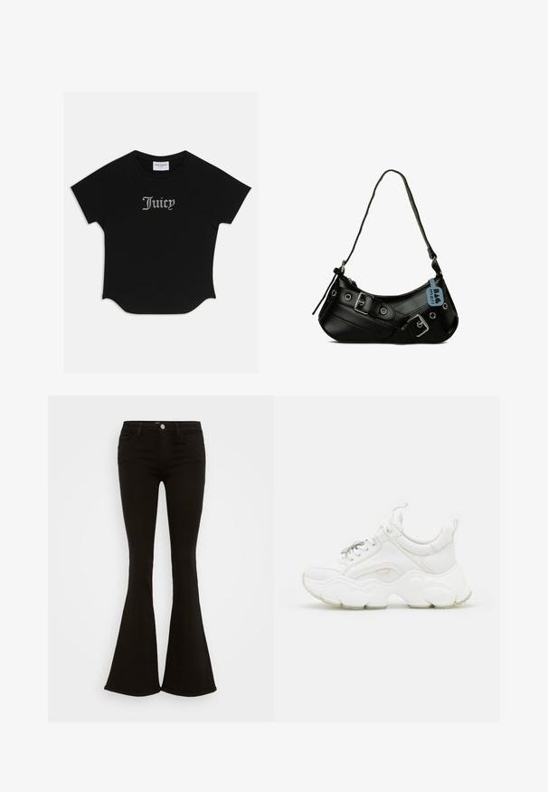 T-shirt noir à manches courtes avec un ourlet arrondi et des manches raglan. Présente le texte "Juicy" rehaussé de strass à l'avant.; Jean flare noir taille haute avec bouton avant, passants de ceinture et cinq poches, affiché sur un fond blanc.; Baskets blanches chunky en cuir et mesh, dotées d'une semelle épaisse, d'un bout arrondi et de lacets décoratifs. Accents légèrement texturés.; Sac à main synthétique noir avec une forme courbée, une bandoulière réglable et des boucles décoratives en métal. Présente une texture lisse et brillante.