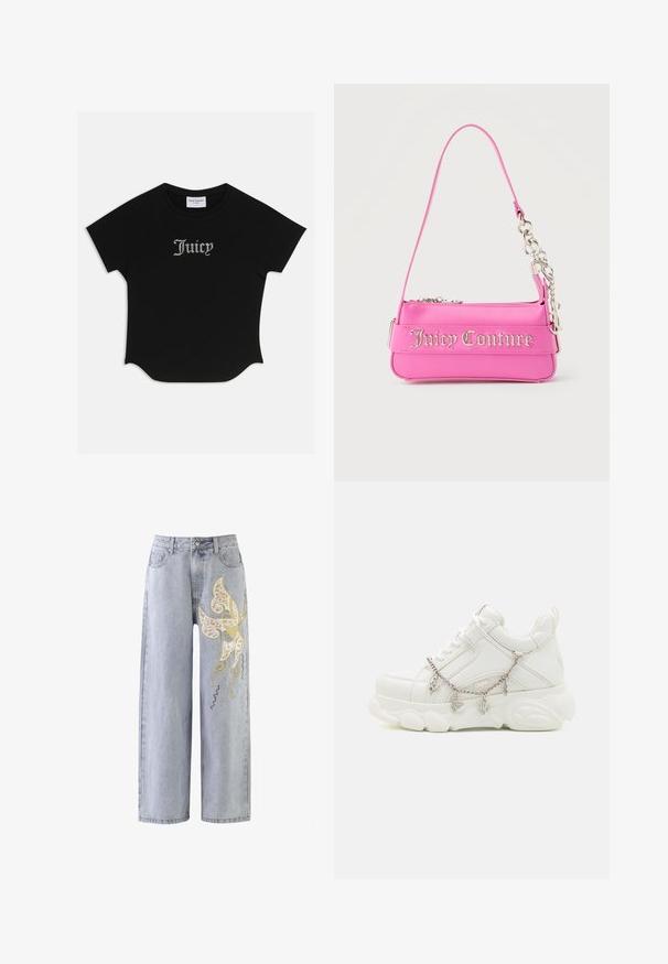 Sort kortærmet T-shirt med rund bund og raglanærmer. Har pyntet "Juicy" tekst i rhinsten på forsiden.; Lysblå vidde jeans med et sommerfuglemotiv i guld- og elfenbensbroderi, prydet med dekorative syninger.; Hvide sneakers med en kraftig sål, tekstureret læderoverdel og dekorativ metal kæde med charms. Har snørebåndslukning og polstret krave.; Lille lys pink Juicy Couture håndtaske med sølvkædedetalje og logotekst på forsiden, enkelt smalt skulderrem.