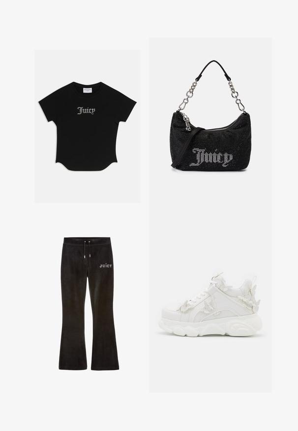 Zwarte T-shirt met korte mouwen en een ronde onderkant, voorzien van raglanmouwen. Kenmerkt zich door versierde "Juicy"-tekst in strass-steentjes op de voorkant.; Zwarte velours broek met een uitlopende pijpdesign. Beschikt over een trekkoord in de taille en het woord "JUICY" in rhinestones aan de voorkant. Zachte textuur.; Witte chunky sneaker met dikke zool en decoratieve 3D vlinderaccenten aan de zijkant, veters en hiel.; Zwarte tas met rhinestone versieringen, een gebogen vorm en een zilveren kettinghandvat. Voorzien van een rits en het "Juicy" logo in het wit.