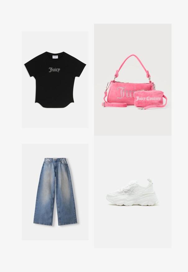 Zwarte T-shirt met korte mouwen en een ronde onderkant, voorzien van raglanmouwen. Kenmerkt zich door versierde "Juicy"-tekst in strass-steentjes op de voorkant.; Lichtblauwe wijde jeans met vervaagde voorkant, vijf-zakkenmodel, knoop- en ritsluiting, plat gelegd op een witte achtergrond.; Witte chunky sneaker met veterluiting aan de voorkant, zijpanelen van mesh met bloemenprint, en dikke gevormde zool, weergegeven vanaf de linkerkant tegen een effen achtergrond.; Twee roze Juicy Couture-tassen, één grotere met kristallen letters en een handvat, één kleinere met witte letters en een polsriempje, op een grijze achtergrond.