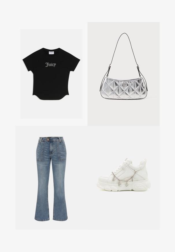 T-shirt noir à manches courtes avec un ourlet arrondi et des manches raglan. Présente le texte "Juicy" rehaussé de strass à l'avant.; Jean en denim bleu à taille haute, poches plaquées à l'avant, fermeture par bouton et zip, et une silhouette de jambe légèrement évasée.; Baskets blanches avec une semelle épaisse, tige en cuir texturé et chaîne en métal décorative avec des breloques. Dispose d'un système de laçage et d'un col rembourré.; Sac à épaule argent métallisé avec un design matelassé, texture lisse et bandoulière noire réglable. Présente un petit détail de logo à l'avant.