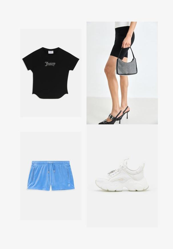Schwarzes T-Shirt mit kurzen Ärmeln, abgerundetem Saum und Raglanärmeln. Auf der Vorderseite mit verzierten "Juicy"-Text in Strass-Steinen.; Himmelblaue Velours-Shorts mit einem elastischen Bund, Kordelzug und zwei seitlichen Reißverschlusstaschen. Mit einem kleinen gestickten Logo auf dem Oberschenkel.; Weisse, klobige Sneaker aus Leder und Netzmaterialien, mit einer dicken Sohle, abgerundeter Zehenpartie und dekorativen Schnürsenkeln. Leicht strukturierte Akzente.; Schwarze Perlen-Handtasche mit geschwungener Silhouette, Tragegriff und glänzender Textur. Kombiniert mit schwarzen High Heels und enganliegenden schwarzen Shorts.