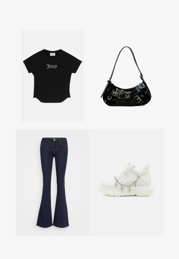 Zwarte T-shirt met korte mouwen en een ronde onderkant, voorzien van raglanmouwen. Kenmerkt zich door versierde "Juicy"-tekst in strass-steentjes op de voorkant.; Donkere jeans met flare, een aansluitende taille, een sluiting met een voorbutton, een vijf-pocket ontwerp en naaddetails langs de benen.; Witte sneakers met een dikke zool, een gestructureerde leren bovenkant en een decoratieve metalen ketting met bedels. Voorzien van vetersluiting en een gevoerd kraagje.; Zwarte gepatineerde leren handtas met een gebogen vorm, voorzien van zilveren hardware, decoratieve sluitingen en een korte schouderband. Blauwe label bevestigd.
