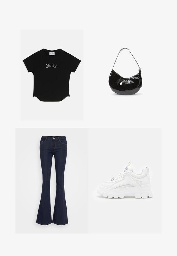 Zwarte T-shirt met korte mouwen en een ronde onderkant, voorzien van raglanmouwen. Kenmerkt zich door versierde "Juicy"-tekst in strass-steentjes op de voorkant.; Donkere jeans met flare, een aansluitende taille, een sluiting met een voorbutton, een vijf-pocket ontwerp en naaddetails langs de benen.; Witte chunky sneakers met een textuur bovenkant, gevoerde kraag en dikke, gegroefde zool. Voorzien van contrasterende zwarte veters en merkaanduiding.; Zwarte gepatineerde leren handtas met een gebogen vorm, enkele schouderriem, ritssluiting en een decoratieve metalen logo. Gladde textuur.