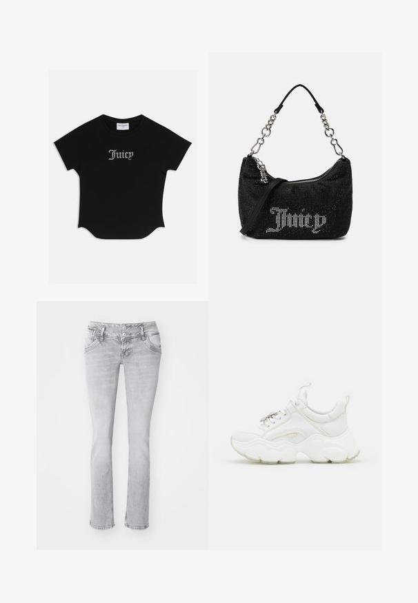 Camiseta negra de manga corta con dobladillo redondeado y mangas raglán. Presenta un texto "Juicy" adornado con piedras de strass en el frente.; Vaqueros de denim gris con un corte ajustado, que cuentan con cierre de dos botones, bolsillos delanteros y un dobladillo ligeramente deshilachado. Textura suave, diseño de pierna recta.; Zapatillas blancas gruesas con materiales de cuero y malla, que cuentan con una suela gruesa, punta redondeada y cordones decorativos. Acentos ligeramente texturizados.; Bolso negro con adornos de strass, de forma curvada y con un asa de cadena plateada. Presenta un zipper y el logo "Juicy" en blanco.