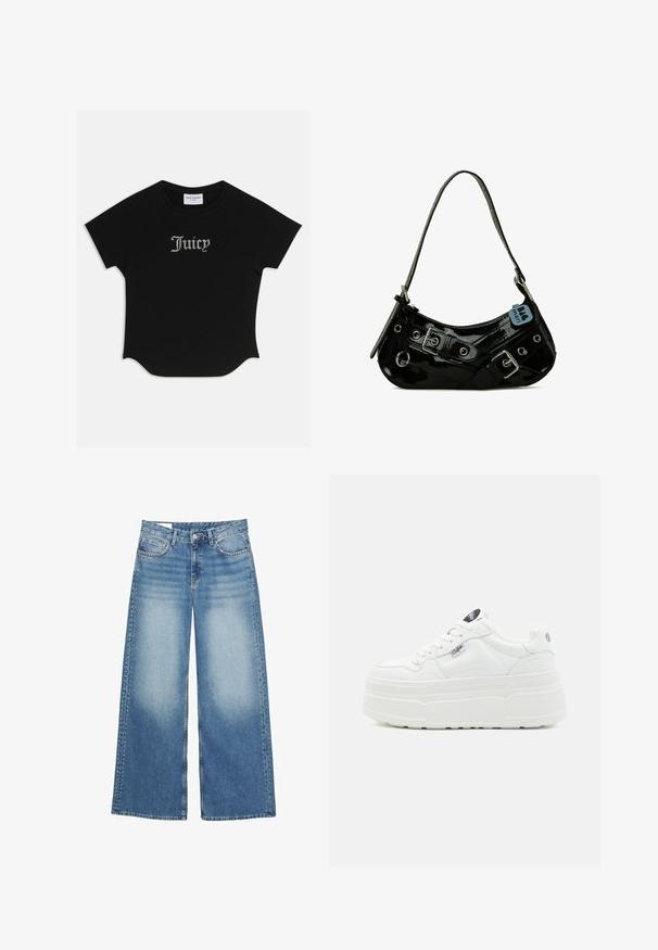 Schwarzes T-Shirt mit kurzen Ärmeln, abgerundetem Saum und Raglanärmeln. Auf der Vorderseite mit verzierten "Juicy"-Text in Strass-Steinen.; Helle blaue weit geschnittene Jeans aus Denim. Verfügt über einen hohen Bund, frontale Taschen und dekorative Nieten entlang der äußeren Nähte.; Weiße Plattform-Sneaker mit einer glatten synthetischen Oberfläche, rundem Zehenbereich, gepolstertem Kragen und strukturiertem Profil. Mit einem kontrastierenden Logo-Tag.; Schwarze Lackleder-Handtasche mit geschwungener Form, ausgestattet mit silbernem Beschlag, dekorativen Schnallen und einem kurzen Griff. Blaue Anhängeschild befestigt.