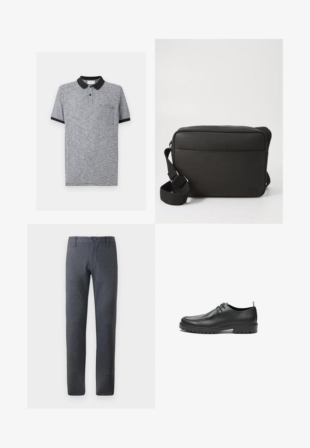 Grijs en zwart dun gestreept poloshirt met zwarte kraag, twee-knops open plooi, korte mouwen met zwarte boordjes en borstzak.; Grijze, gestructureerde broek met een rechte pasvorm, voorzien van een tailleband met riemlussen, voorzakken en een enkele knoopsluiting.; Zwarte lederen schoenen met een gladde afwerking, ronde neus en decoratieve stiksels. Beschikt over een rubberen zool met tractiegrepen en een vetersluiting.; Zwarte schoudertas gemaakt van gestructureerde stof, met een ritssluiting, verstelbare schouderriem en een reliëflogo op het voorpaneel.