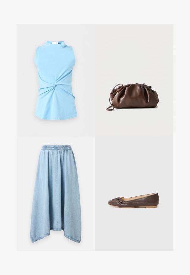Haut bleu clair sans manches avec col montant et détail de nœud torsadé au centre avant, posé à plat sur fond blanc.; Jupe en denim bleu clair avec une taille élastique et un ourlet asymétrique, suspendue sur un fond blanc uni.; Ballerine en cuir marron avec un bout arrondi, des détails froncés à l'avant et une semelle plate de couleur claire.; Sacoche en cuir marron doux avec un haut froncé et une fine bandoulière, posée sur un fond blanc.