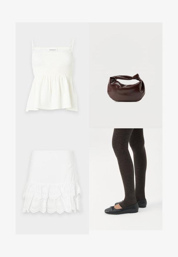 Haut blanc sans manches avec corsage smocké, fines bretelles et ourlet évasé, marqué "Even&Odd" sur la poitrine.; Jupe en coton blanc présentant un design à volants superposés avec broderie à œillets au bas. Texture lisse, longueur au-dessus du genou.; Jambes portant des leggings côtelés foncés associés à des ballerines noires avec de petits détails en nœud sur fond blanc.; Sac bandoulière en cuir marron foncé avec une forme souple et décontractée et une anse nouée torsadée sur un fond blanc uni.