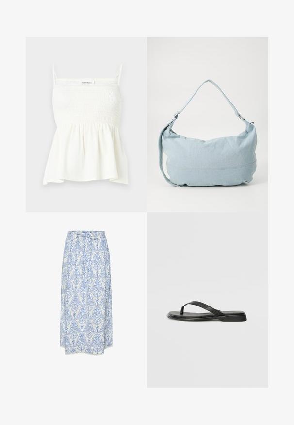 Top blanco sin mangas con cuerpo fruncido, tirantes finos y bajo acampanado, etiquetado "Even&Odd" en el pecho.; Falda blanca con patrón floral azul, con pliegues y un borde de encaje en el dobladillo. Fabricada con tela ligera, con una cintura ajustable.; Chancla negra de piel suave, con un diseño de tira delgada y una suela plana de perfil mínimo. Sin patrones ni acentos notables.; Bolso de hombro de denim azul claro con forma redondeada, correa ajustable y un sutil detalle de costura en el borde inferior. Textura suave.