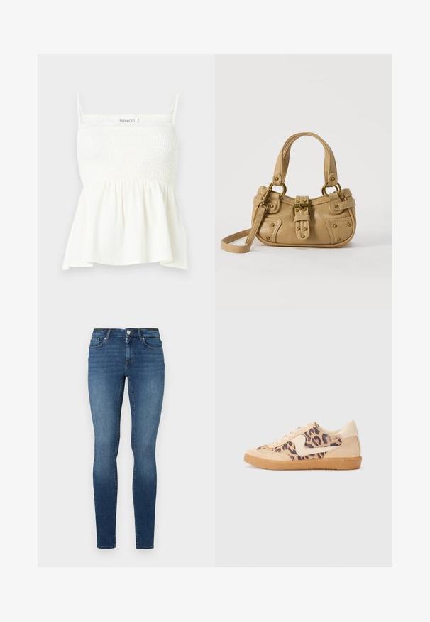 Witte mouwloze top met geplooide bovenkant, dunne bandjes en een uitlopende zoom, gelabeld "Even&Odd" op de borst.; Skinny jeans in donkerblauwe denim, met vijf zakken, een knoopsluiting en een rits. De stof heeft een gladde textuur met een lichte vervaging.; Luipaardprint sneakers met een beige suède bovenkant, tan rubberen zool en witte accenten. Ronde neus en vetersluiting met een gestructureerde afwerking.; Beige leren handtas met dubbele handvatten, messing gesps en klinknagel details, en een verstelbare schouderriem tegen een witte achtergrond.