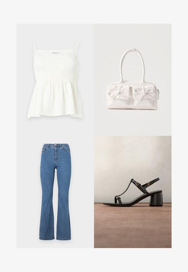 Top blanco sin mangas con cuerpo fruncido, tirantes finos y bajo acampanado, etiquetado "Even&Odd" en el pecho.; Vaqueros de campana azules hechos de denim, con una cintura alta, costuras en contraste y un cierre de botón único en la parte frontal.; Sandalia de tacón alto de cuero negro con tiras delgadas y hebillas doradas, sobre un fondo desenfocado en tonos verde oscuro y gris.; Bolso sintético blanco con dos bolsillos delanteros, cada uno con un detalle de lazo atado. Textura suave, asas redondeadas y cierre de cremallera.