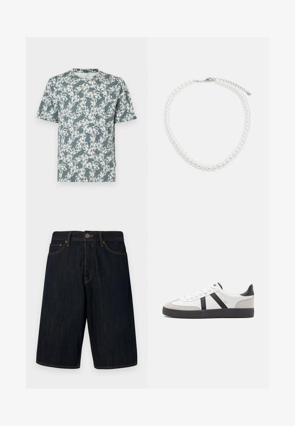 Kortærmet T-shirt i teal-farve med et hvidt blomsterdesign. Fremstillet af letvægtsstof med en afslappet pasform.; Mørke denimshorts med lige snit, featuring gul syning, fem lommer og en lukning med knap foran. Glat tekstur.; Hvide sneakers med sorte og grå detaljer, med en tekstureret grå tåhætte, sort gummisål og flade hvide snørebånd. Rent design, minimalistisk stil.; Hvid perlekæde med ensartet rund form, glat overflade og metalspænde med forlængerkæde for justerbar længde.