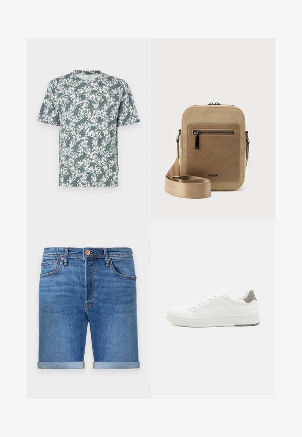 Kurzärmliges T-Shirt in Tealfarbe mit einem weißen Blumenmuster. Hergestellt aus leichtem Stoff mit einer lässigen Passform.; Denim-Shorts in einem mittleren Blauton mit umgeschlagenen Säumen, Fünf-Taschen-Design, Messingknopfverschluss und kontrastierenden Nähten.; Weißer Sneaker aus glattem Leder, runde Zehenpartie, minimalistisches Design, graue Fersenkante und strukturierte Gummisohle.; Kleine beige Umhängetasche mit vorderer Reißverschlusstasche, metallischem ALDO-Logo, verstellbarem breitem Riemen und abgerundeter rechteckiger Form vor weißem Hintergrund.