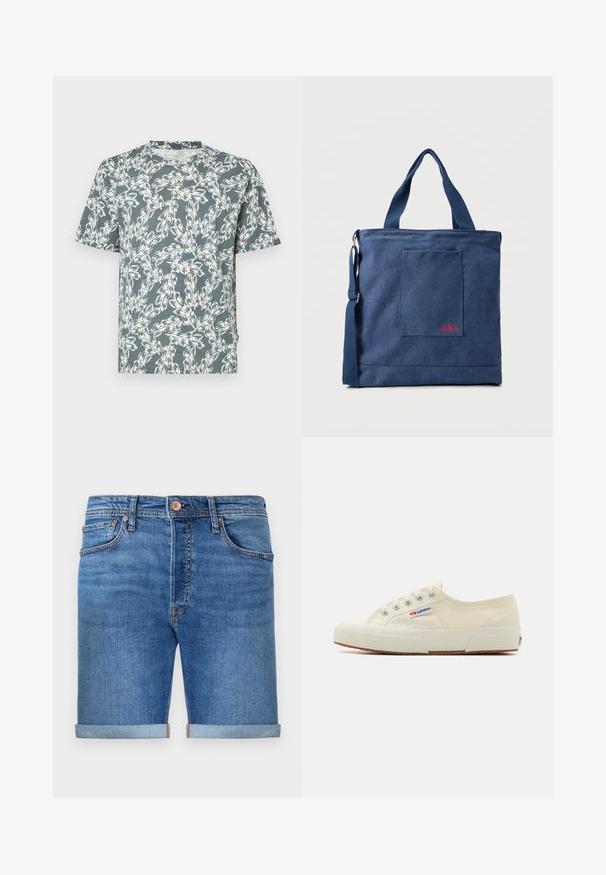 Kurzärmliges T-Shirt in Tealfarbe mit einem weißen Blumenmuster. Hergestellt aus leichtem Stoff mit einer lässigen Passform.; Denim-Shorts in einem mittleren Blauton mit umgeschlagenen Säumen, Fünf-Taschen-Design, Messingknopfverschluss und kontrastierenden Nähten.; Beige Leinen-Sneaker mit niedrigem Profil, Metallösen und Gummisohle. Mit einem strukturierten Muster und einem Logodetail an der Seite.; Blauer Canvas-Einkaufstasche mit Vordertasche und roter "O.N.S" Stickerei, ausgestattet mit zwei Griffen und einem verstellbaren Schulterriemen.